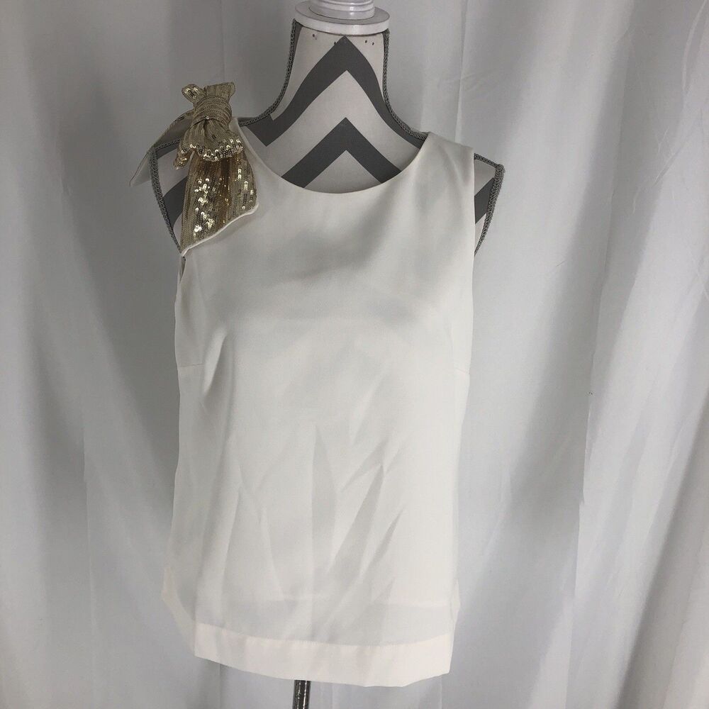 J. Crew Sleeveless Scoop Neck Top Cream, Gold Shoulder Bow, Size 6